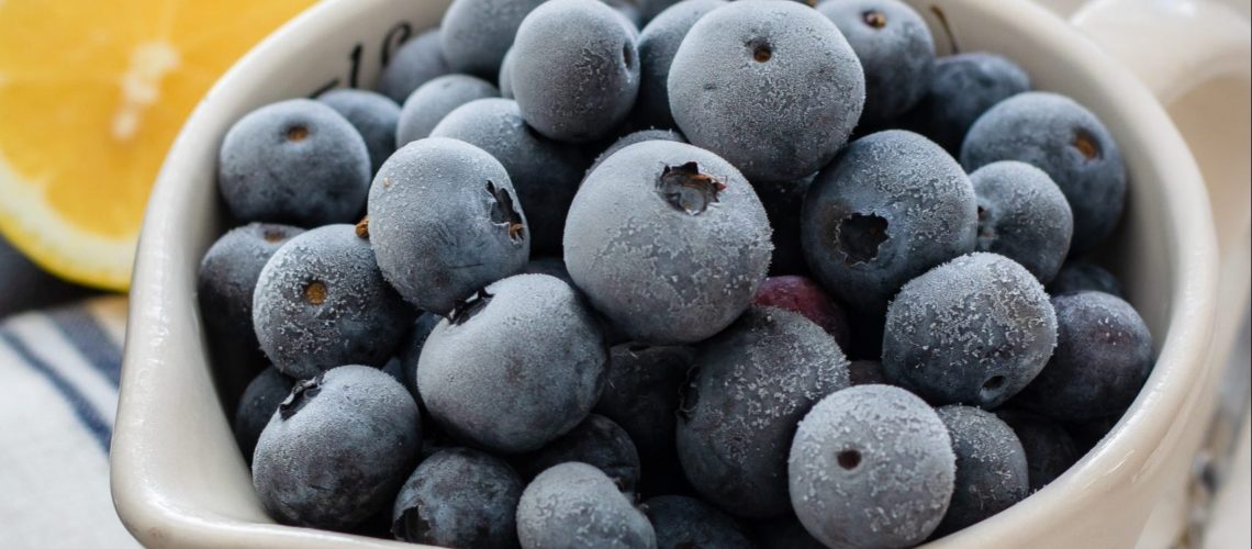 freeze produce with blueberries in a white bowl with lemon slices on the side